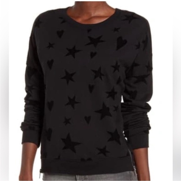 Rails Marlo Flocked Hearts Stars Black Crew Neck Sweatshirt Distressed Sz M - Picture 1 of 13